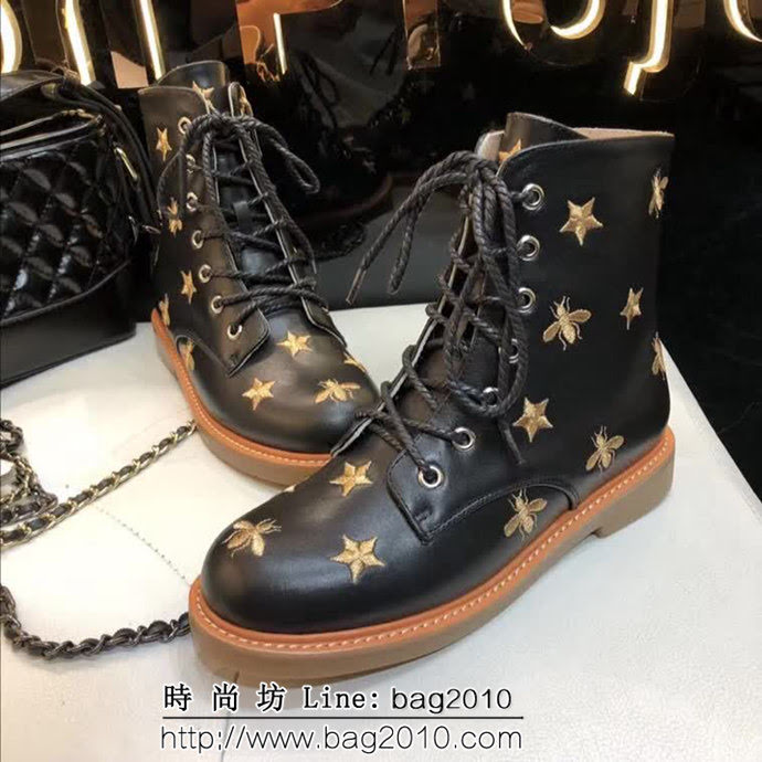 GUCCI古馳 2018經典款 黑色小牛皮刺繡蝴蝶 時尚潮流 中跟靴子 QZS2032